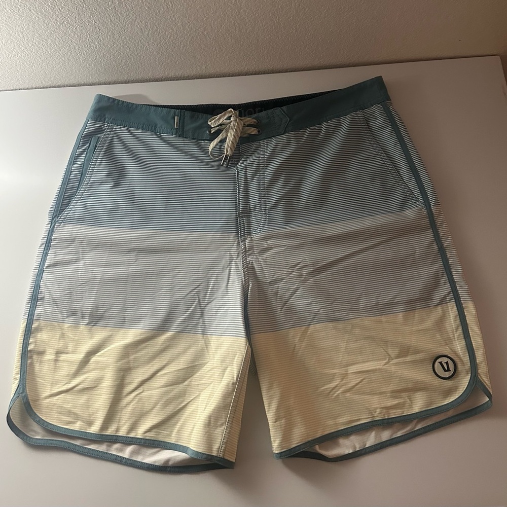 Vuori Mens Board Shorts Size 34 Blue Green Stripe Swim Trunks Stretch